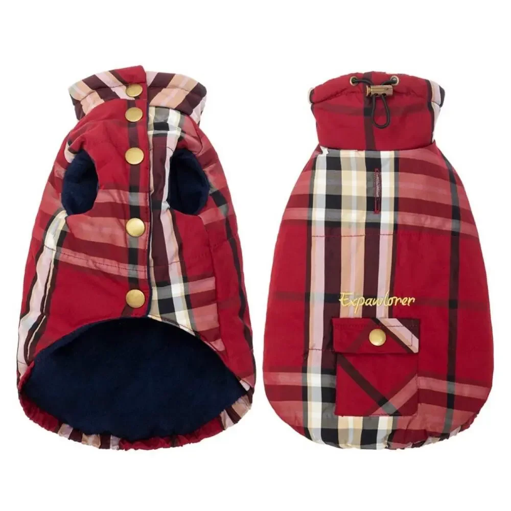 NEW Dog Jacket S Plaid Pocket Coat Windproof Clothes Buttons Fleece Windproof